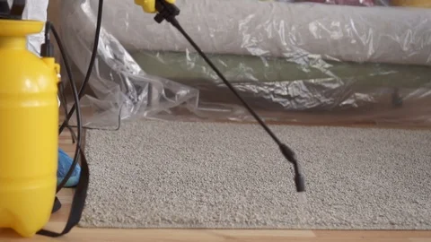 Carpet spray treatment,cleaning service or exterminator Stock Footage