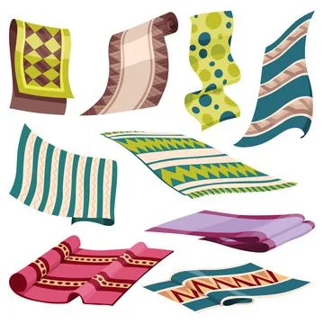 Carpets set of different shapes, designs and colors. Floor covering, mats or Ilustración de archivo