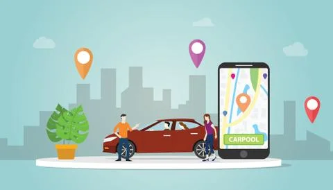 Carpool car sharing concept technology for people in urban city use gps locat Illustrazione stock