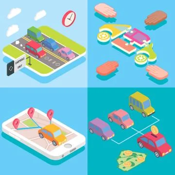 Carpool service concept in isometric style design. Vector flat 3d icons. People Illustrazione stock