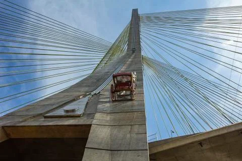 Carriage rising on a cable-stayed bridge in Sao Paulo, Brazil. Stock Photos