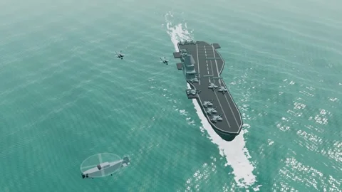 Carrier deck launch with helicopter crossing the bow aerial shallow jade wat 스톡 동영상 343742292
