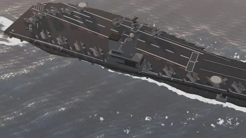 Carrier island and flight deck close pass aerial golden hour open water loop Stock-Footage 343736171