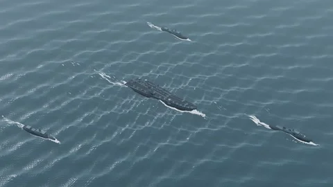 Carrier strike group diamond screen formation aerial cold north atlantic sea Видео 343736088