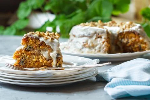 Carrot cake with walnuts Stock Photos