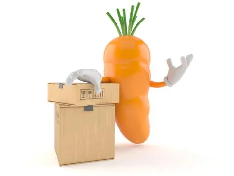 Carrot character with stack of boxes Stock Illustration