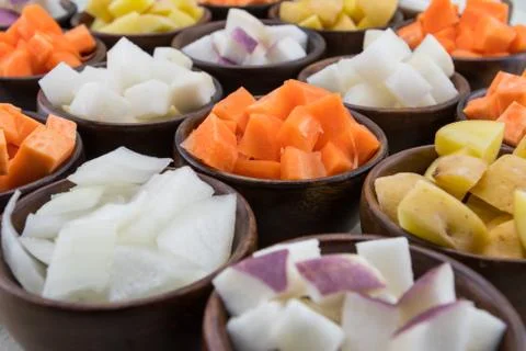 Carrot Cubes in Center of Vegetable Array 写真素材