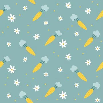 Carrot with flowers seamless pattern. Cute Easter background. Flat hand drawn Stock Illustration