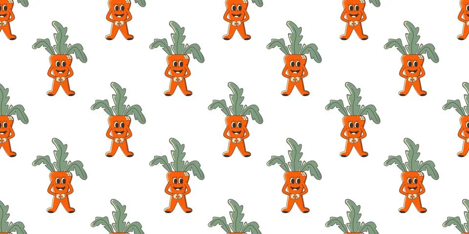 Carrot groovy retro seamless pattern. Design isolated on white background. .. Stock Illustration