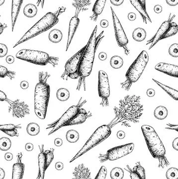Carrot hand drawn vector seamless pattern. Isolated Vegetable engraved styl.. Stock Illustration
