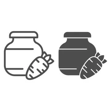 Carrot juice line and solid icon. Glass can bank and carrot vegetable outline Stock Illustration