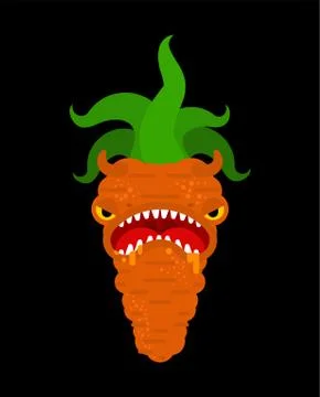 Carrot monster GMO. Genetically modified Angry Orange Vegetable with teeth. H Illustrazione stock