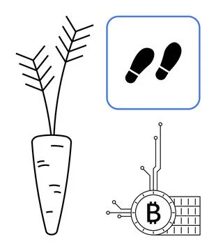 Carrot root vegetable with leaf lines, a pair of footprints in a box, and a B Stock Illustration