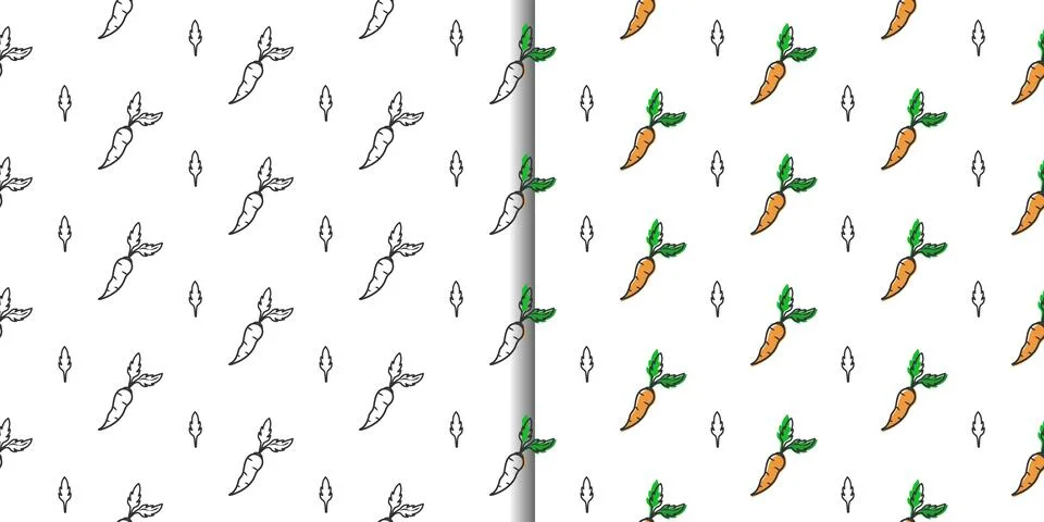 Carrot vegetable seamless patterns Set. Two cute geometric grid backdrops. Hand Stock Illustration