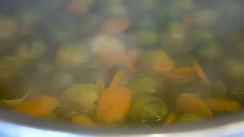 Carrots And Brussel Sprouts Simmering In A Pot With Steam Preparing Healthy Stock Footage 327332017