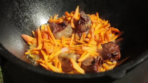 Carrots and meat are fried in oil in a cauldron Stock Footage 169727984
