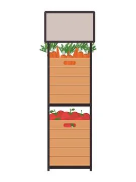 Carrots and tomatoes inside boxes on shelf vector design 스톡 일러스트
