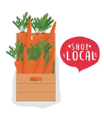 Carrots box with shop local inside bubble vector design Illustrazione stock