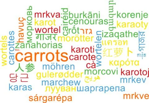 Carrots multilanguage wordcloud background concept Stock Illustration
