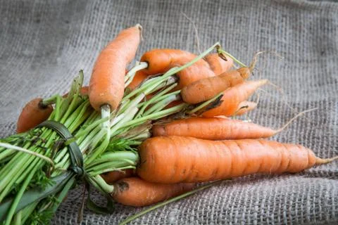 Carrots on table background and fabric sack Stock Photos