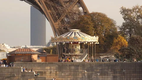 Carrousel of the Eiffel Tower turning a day of Autumn in Paris, France Stock Footage 224139197