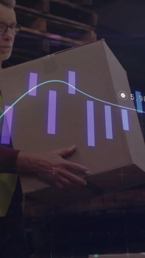 Carrying box in warehouse, worker with stock market data animation over Stock Footage 341956874