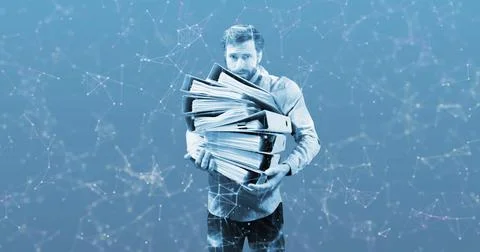 Carrying large stack of binders, businessman overwhelmed with paperwork and Stock Illustration