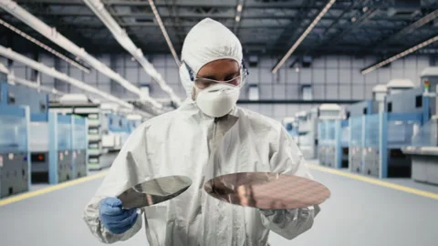 Carrying silicon wafer, advanced materials trial and careful researcher Stock Footage 333392176