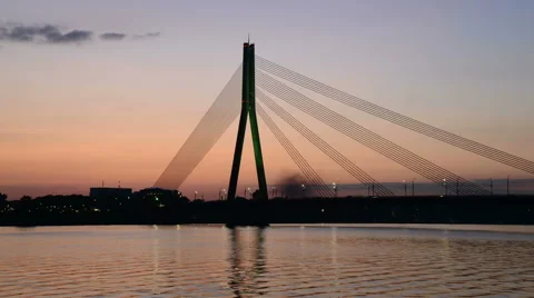 Cars on the cable bridge over sunset sky Stock Footage 59169838