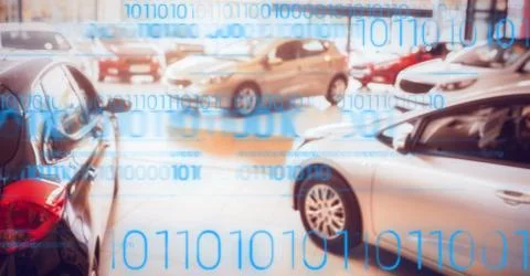 Cars on display with blue binary code Stock Photos