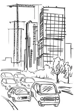 Cars drive along the road against the background of buildings under construct Stock Illustration