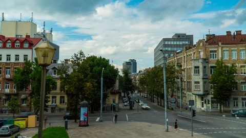 Cars drive through intersection Time Lapse, Vilnius, Lithuania, 4k Stock Footage 93045703
