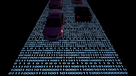 Cars driving on binary code road seamless animation Stock Footage 119001324