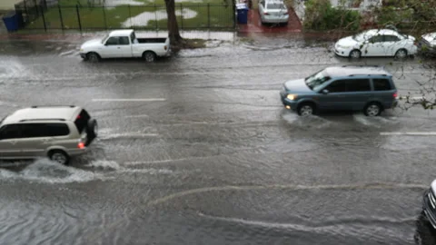 Cars Driving In Heavy Rain Shower Flooding Miami Beach Florida Stock Footage