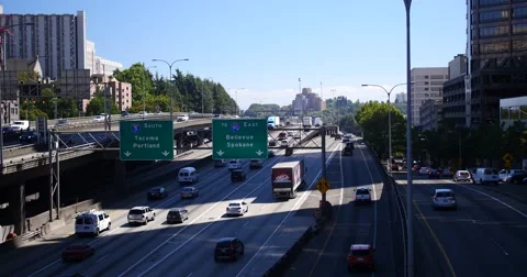 Cars Driving on Highway, Downtown Seattle Washington 3 Stock Footage