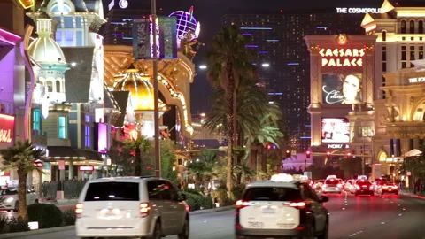 Cars driving on a saturday night on the Las Vegas Strip in Nevada, US Stock Footage