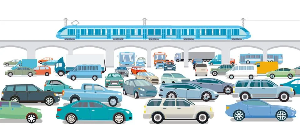 Cars on the intersection with the express train Stock Illustration