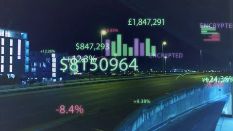 Cars leaving light streaks causing floating HUD showing market data, numbers Stock Footage 334788261