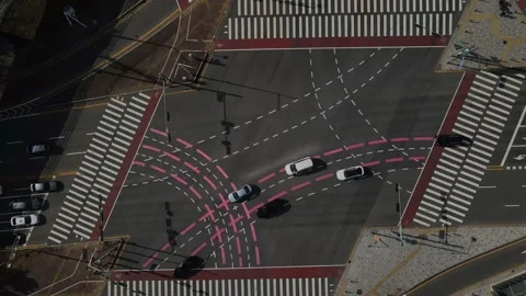 Cars move along intersection, top view. Stock Footage 143596401