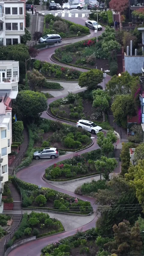 Cars navigate winding switchbacks of famous Lombard Street in San Francisco Stock Footage 340176346