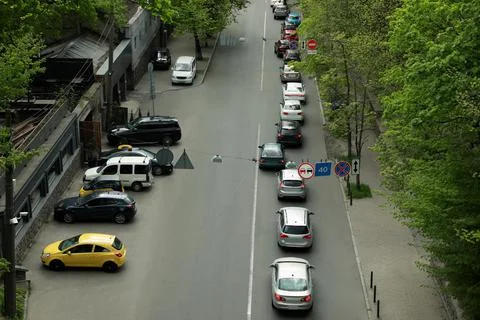 Cars in traffic jam on city street, aerial view Stock Photos