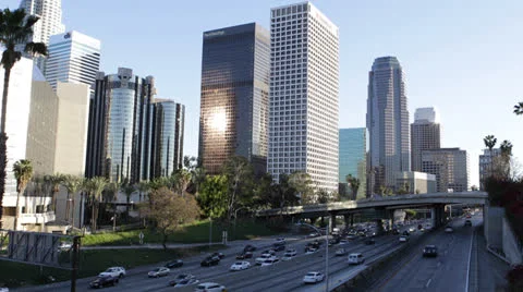 Cars Traffic Jam Freeway USA Downtown Los Angeles LA Busy City Road Highway Day Stock Footage