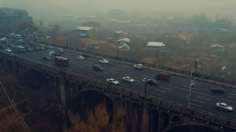 Cars Traffic Over the Bridge in the fog Stock Footage