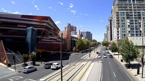 Cars Trams City Timelapse Adelaide Australia North Terrace Windy Stock Footage