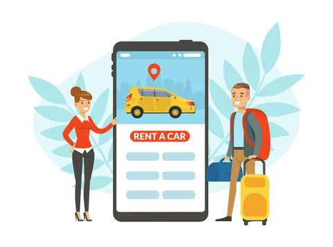 Carsharing with Young Man with Suitcase Renting Car Using Mobile App on Illustrazione stock