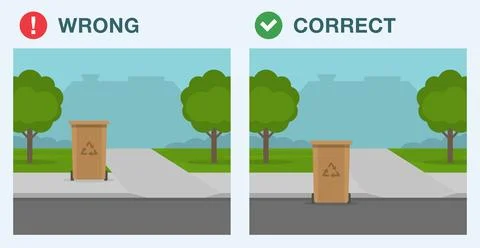 Cart blocking sidewalk access. Bins on sidewalk. Wrong and correct placement. Stock Illustration