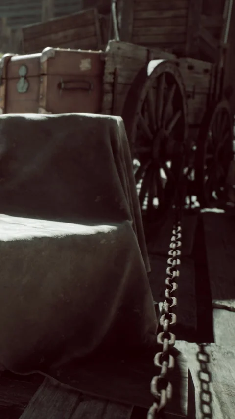 Cart with chain and covered objects in a rustic setting during daylight Stock Footage 339766198