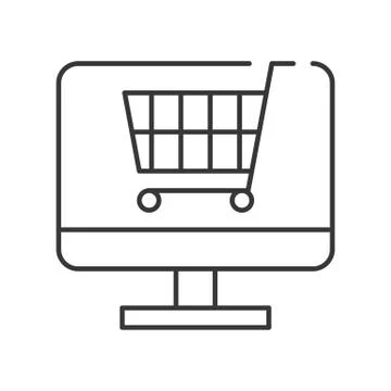 Cart on computer screen, Line icon shopping online and e commerce concept Stock Illustration