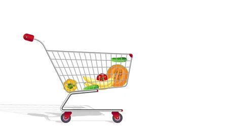 Cart with fruit ang vegetables concept. Trolley full of products advertising Stock Footage 196406043