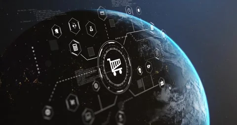 Cart hub activating after camera approach triggers fade, linking hex icons 스톡 동영상 331125438